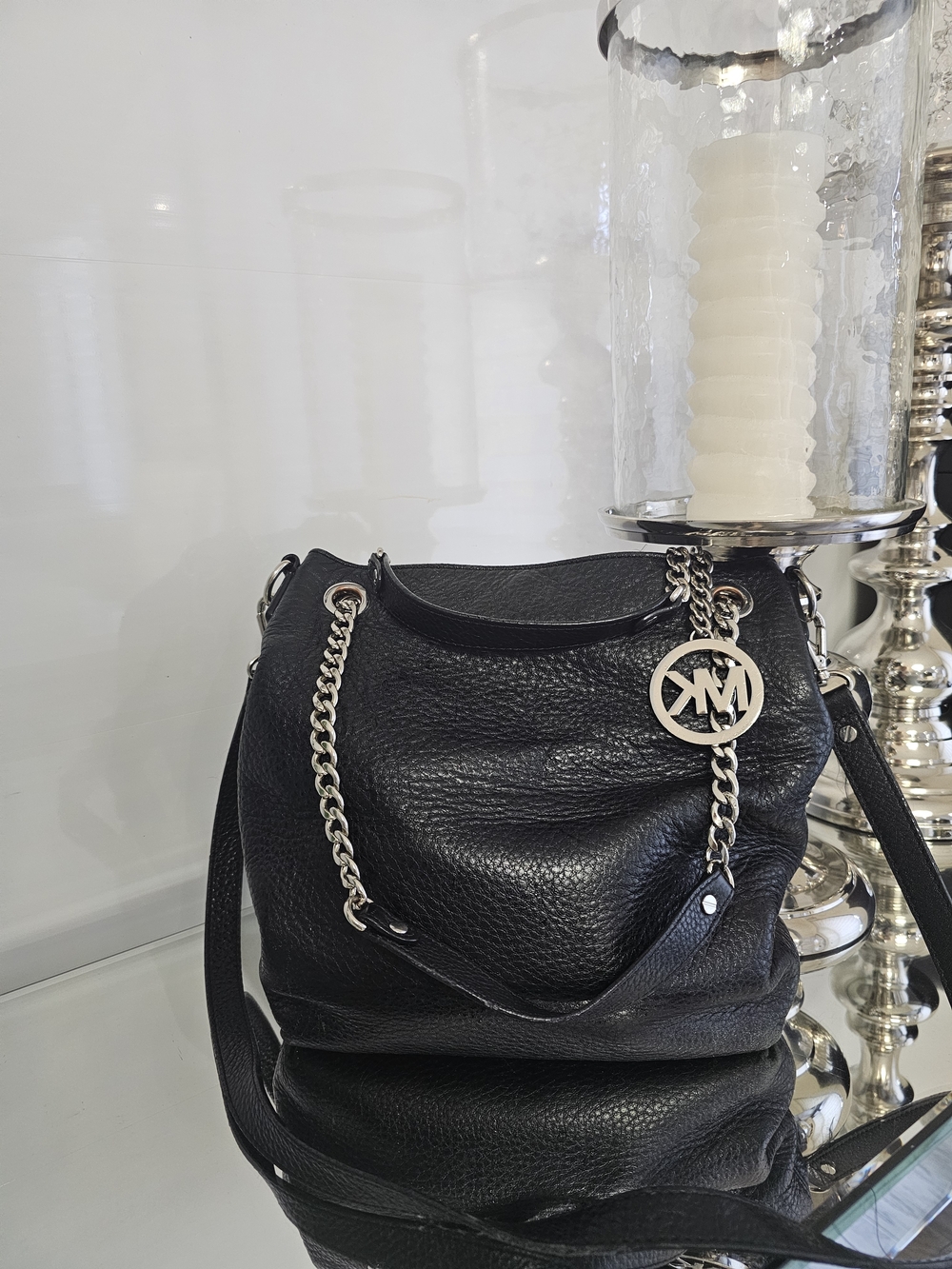 Michael Kors Black Pebbled Leather Shoulder Bag with Silver Chain